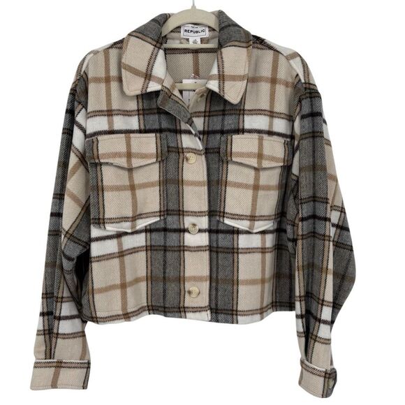 For the Republic Plaid Shacket Beige Gray Oversize Button Front Jacket Large NWT - Picture 1 of 9